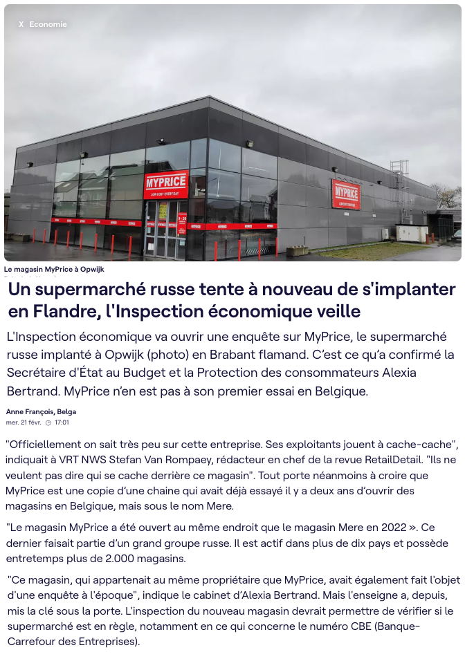 Rage Internet. Opwijk. Un supermarché russe tente à nouveau de s|implanter en Flandre, l|Inspection économique veille. 2024-02-21